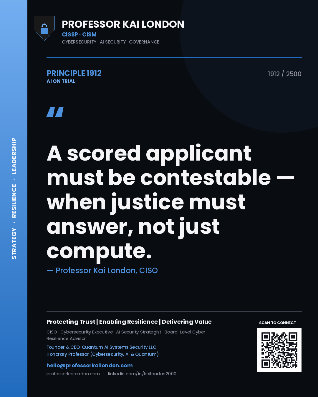 Professor Kai London principle 1912: A scored applicant must be contestable — when justice must answer, not just compute.