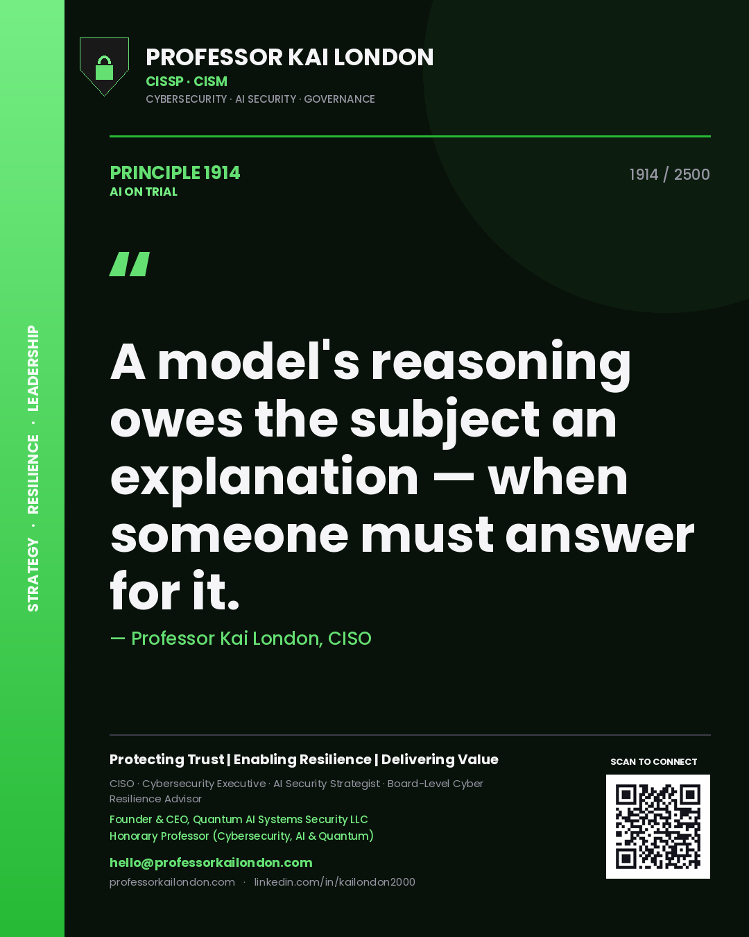 Professor Kai London principle 1914: A model's reasoning owes the subject an explanation — when someone must answer for it.