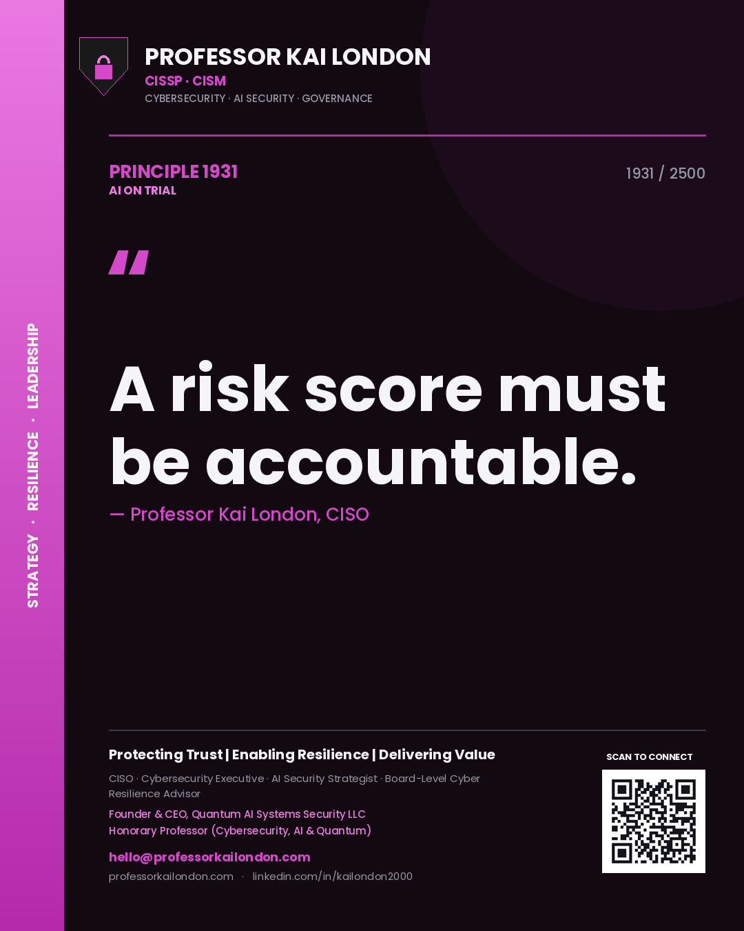 Quote card by Professor Kai London reading 'A risk score must be accountable.'. From the book AI on Trial.