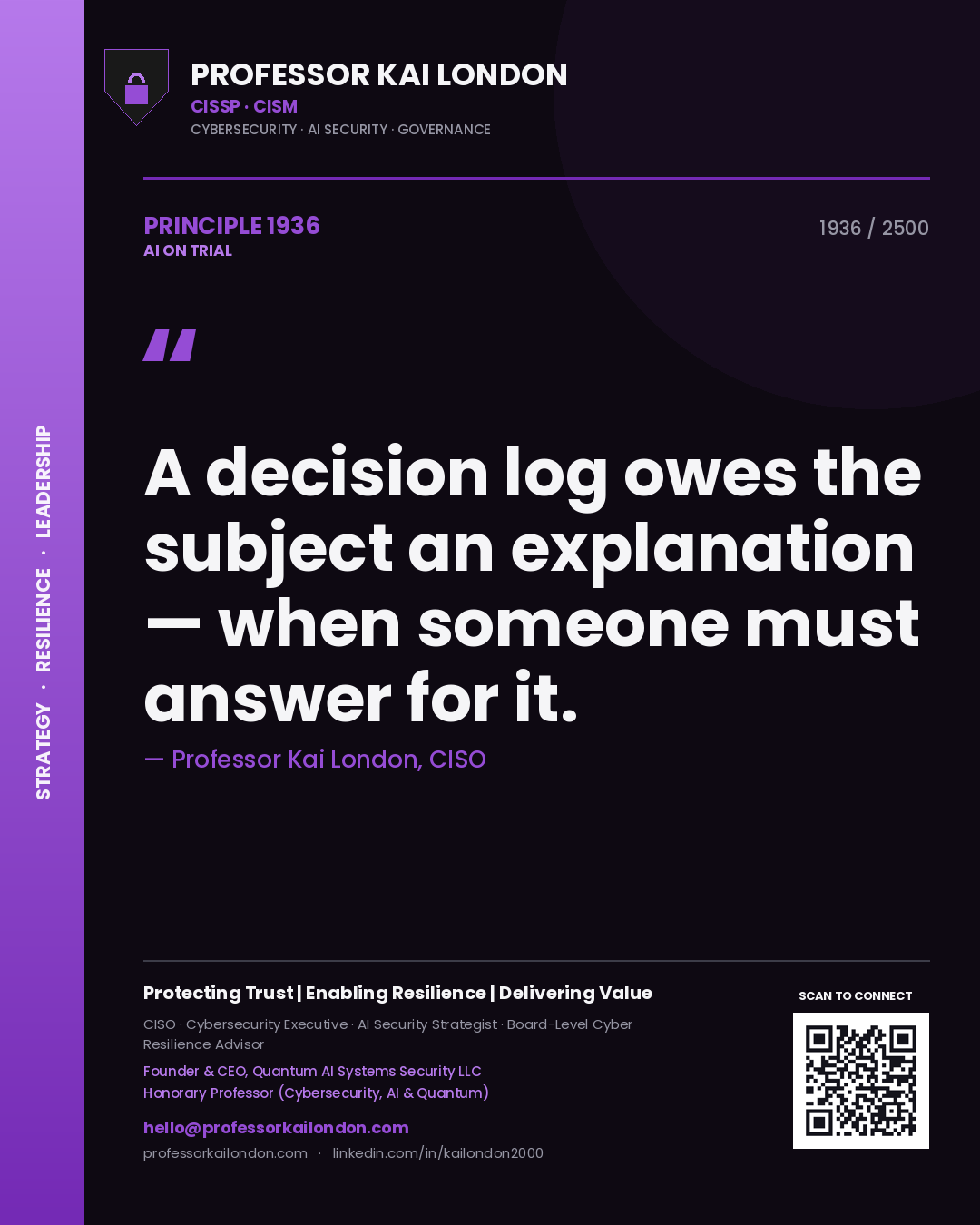 Professor Kai London principle 1936: A decision log owes the subject an explanation — when someone must answer for it.
