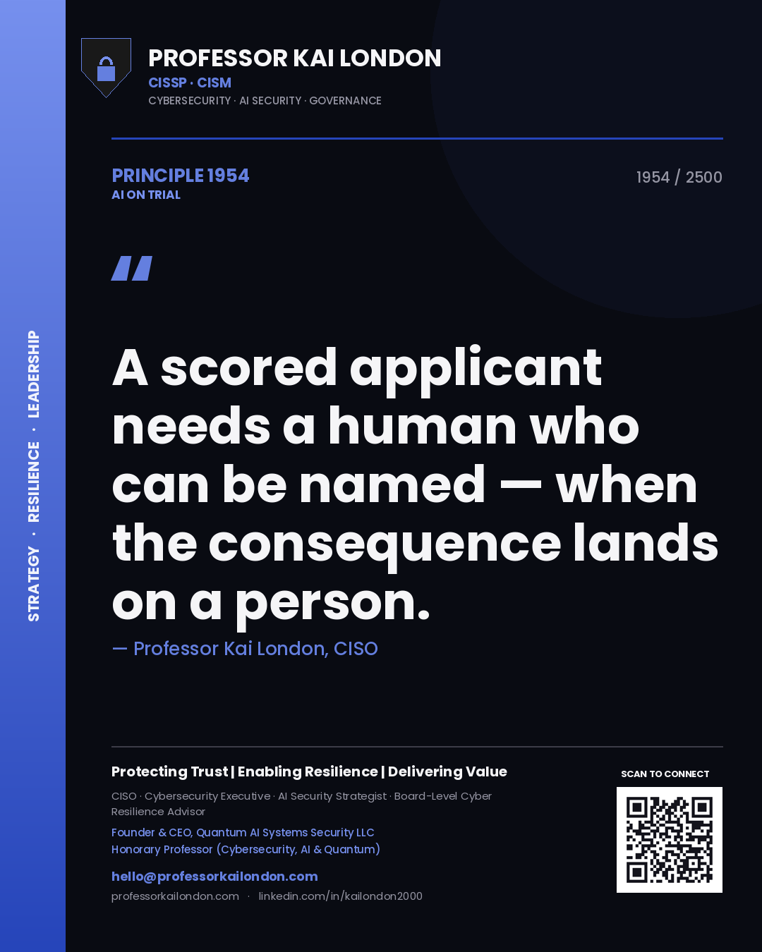Quote card by Professor Kai London reading 'A scored applicant needs a human who can be named — when the consequence lands on a person.'. From the book AI on Trial.