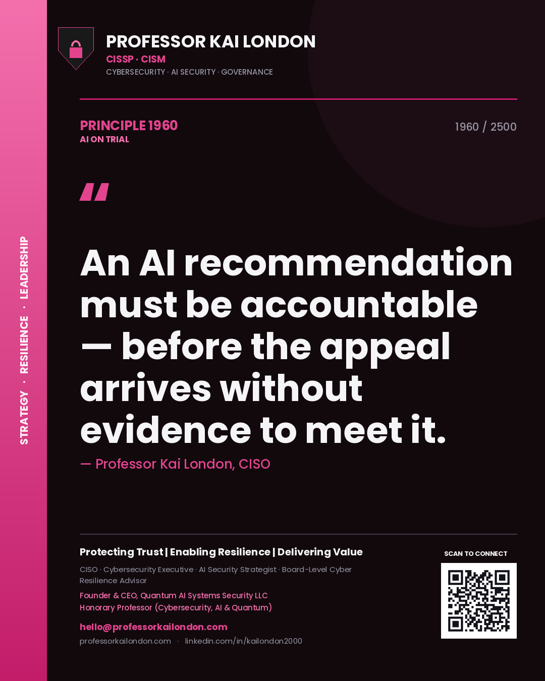 Professor Kai London principle 1960: An AI recommendation must be accountable — before the appeal arrives without evidence to meet it.
