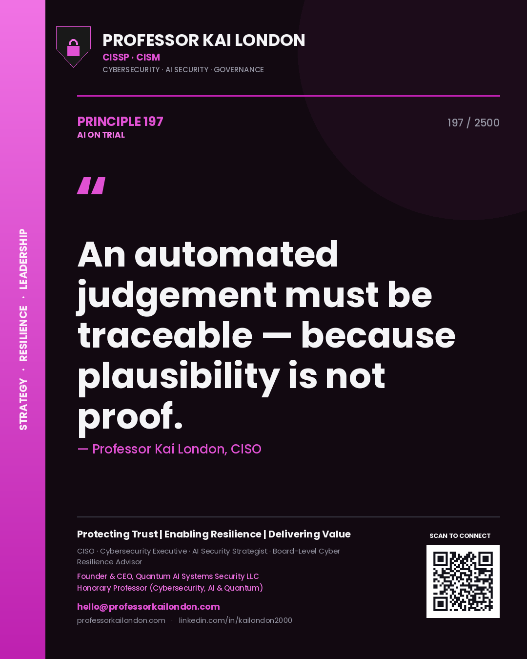 Professor Kai London principle 197: An automated judgement must be traceable — because plausibility is not proof.