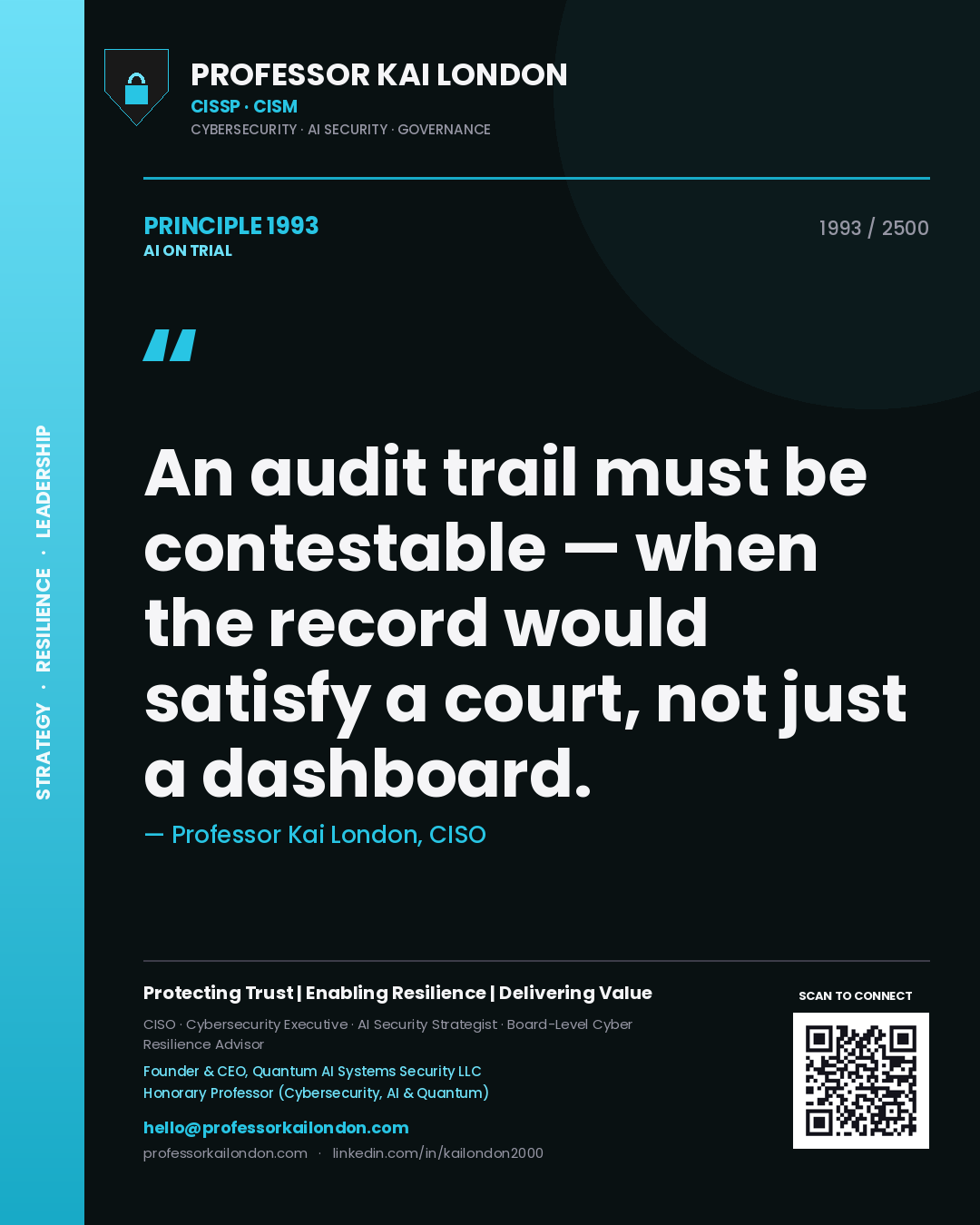 Professor Kai London principle 1993: An audit trail must be contestable — when the record would satisfy a court, not just a dashboard.