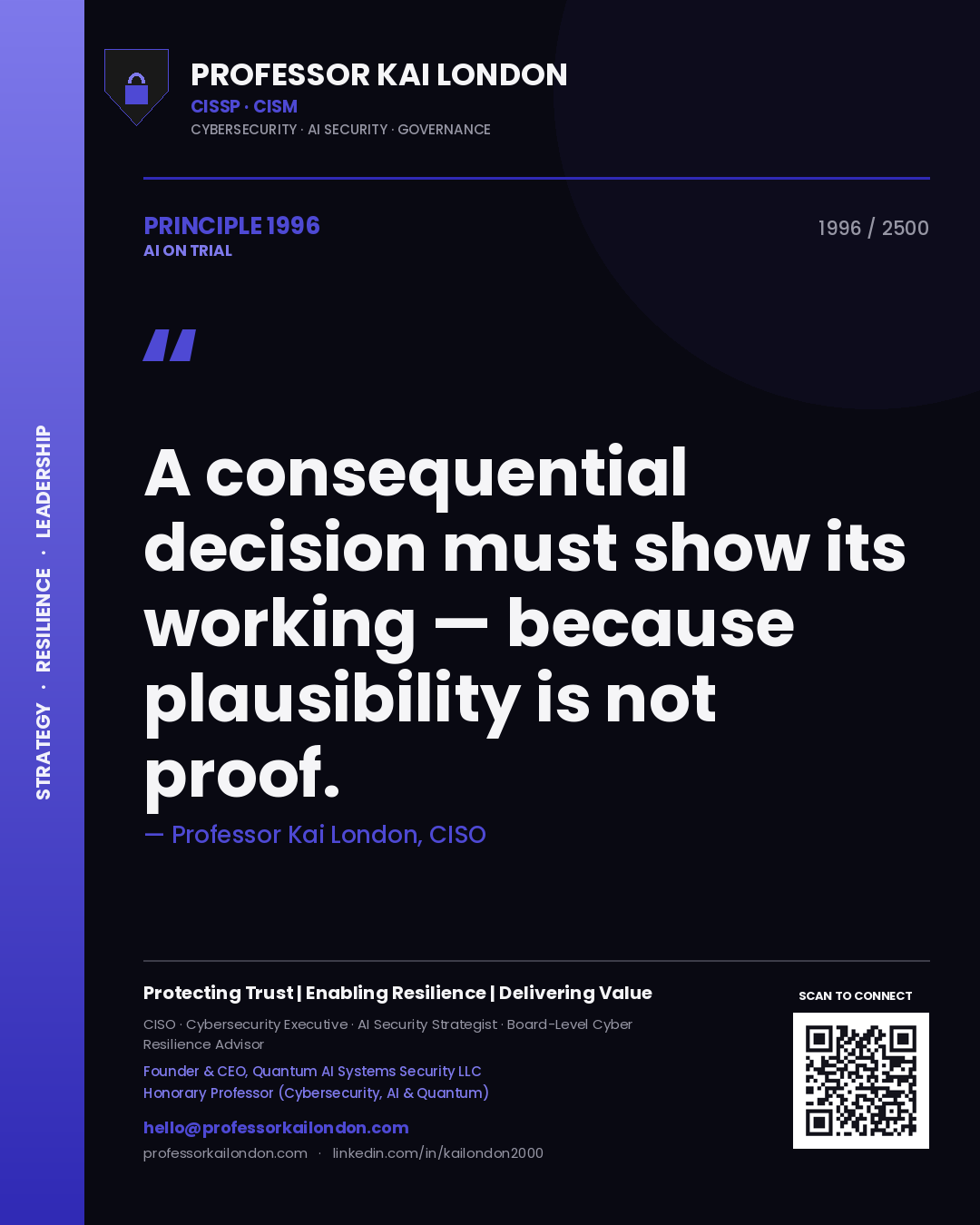Professor Kai London principle 1996: A consequential decision must show its working — because plausibility is not proof.