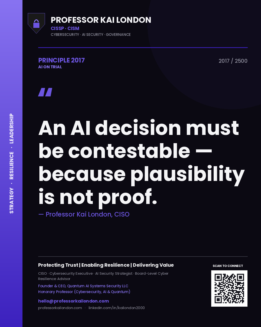 Professor Kai London principle 2017: An AI decision must be contestable — because plausibility is not proof.
