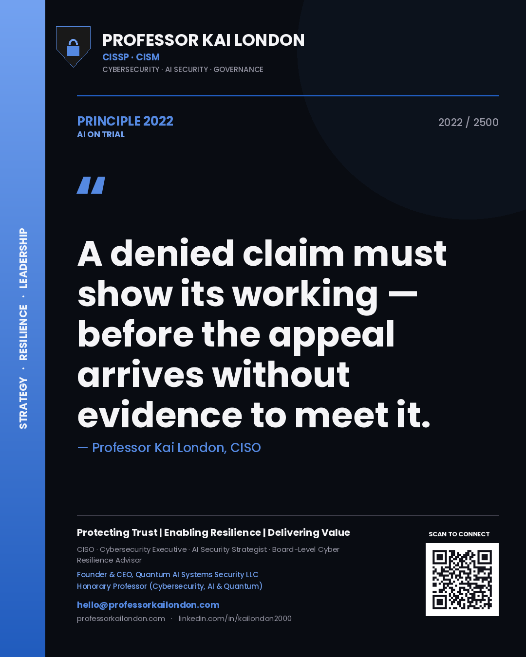 Quote card by Professor Kai London reading 'A denied claim must show its working — before the appeal arrives without evidence to meet it.'. From the book AI on Trial.