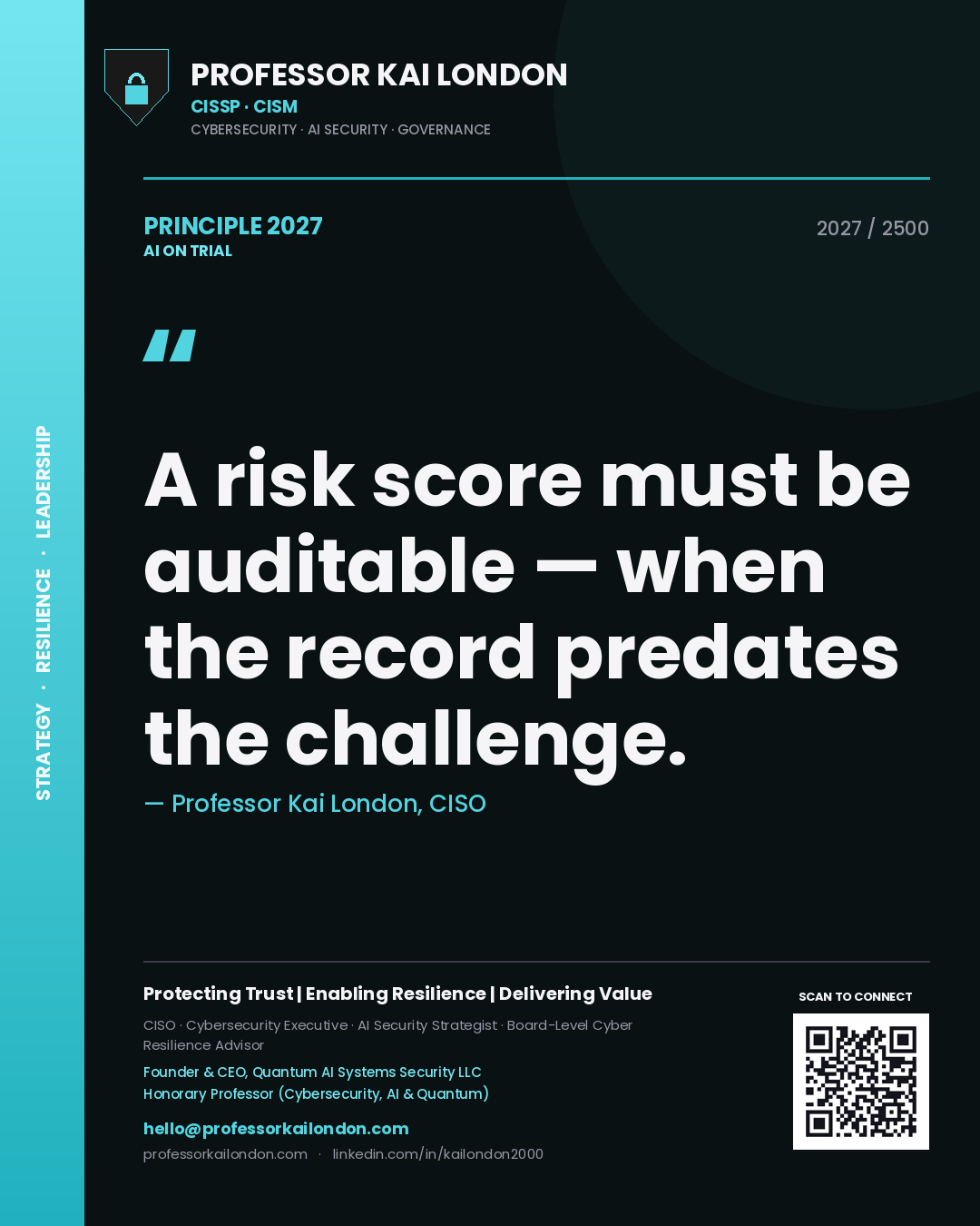 Quote card by Professor Kai London reading 'A risk score must be auditable — when the record predates the challenge.'. From the book AI on Trial.