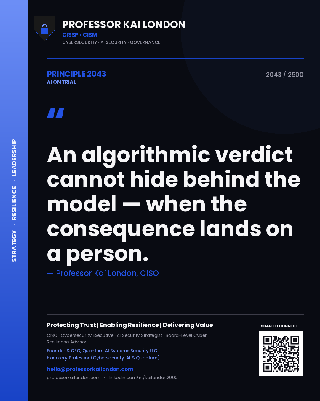 Professor Kai London principle 2043: An algorithmic verdict cannot hide behind the model — when the consequence lands on a person.