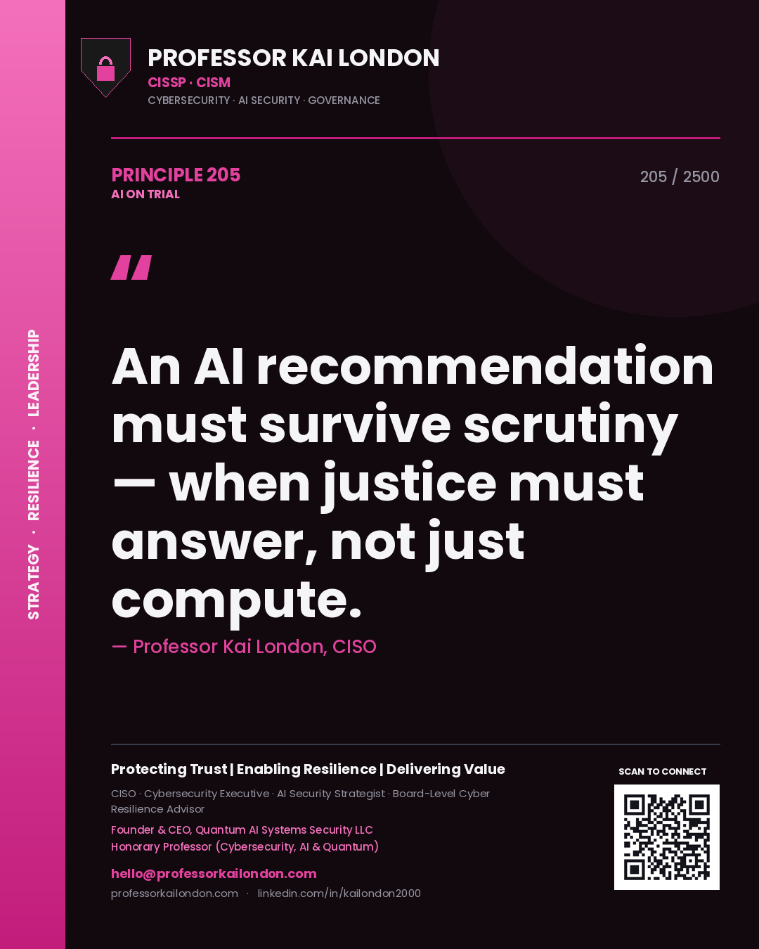 Professor Kai London principle 205: An AI recommendation must survive scrutiny — when justice must answer, not just compute.