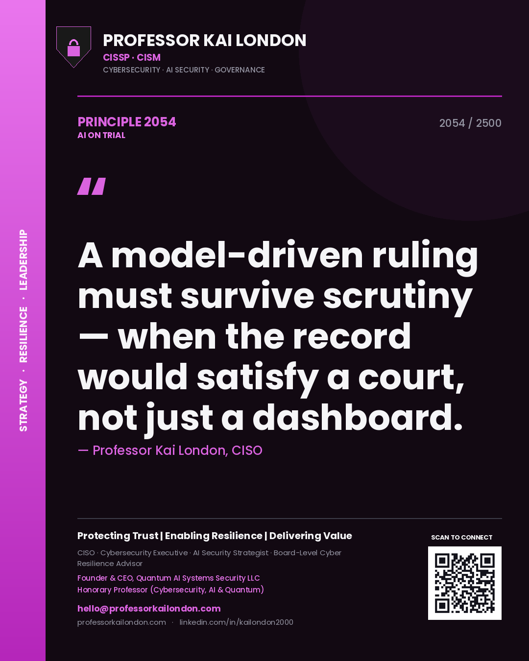 Quote card by Professor Kai London reading 'A model-driven ruling must survive scrutiny — when the record would satisfy a court, not just a dashboard.'. From the book AI on Trial.