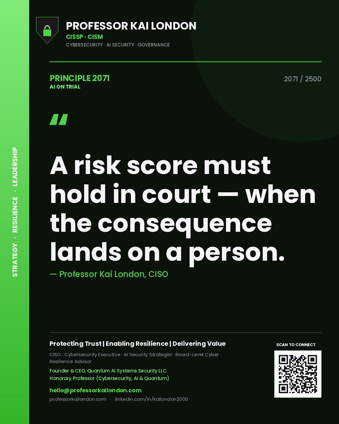Professor Kai London principle 2071: A risk score must hold in court — when the consequence lands on a person.