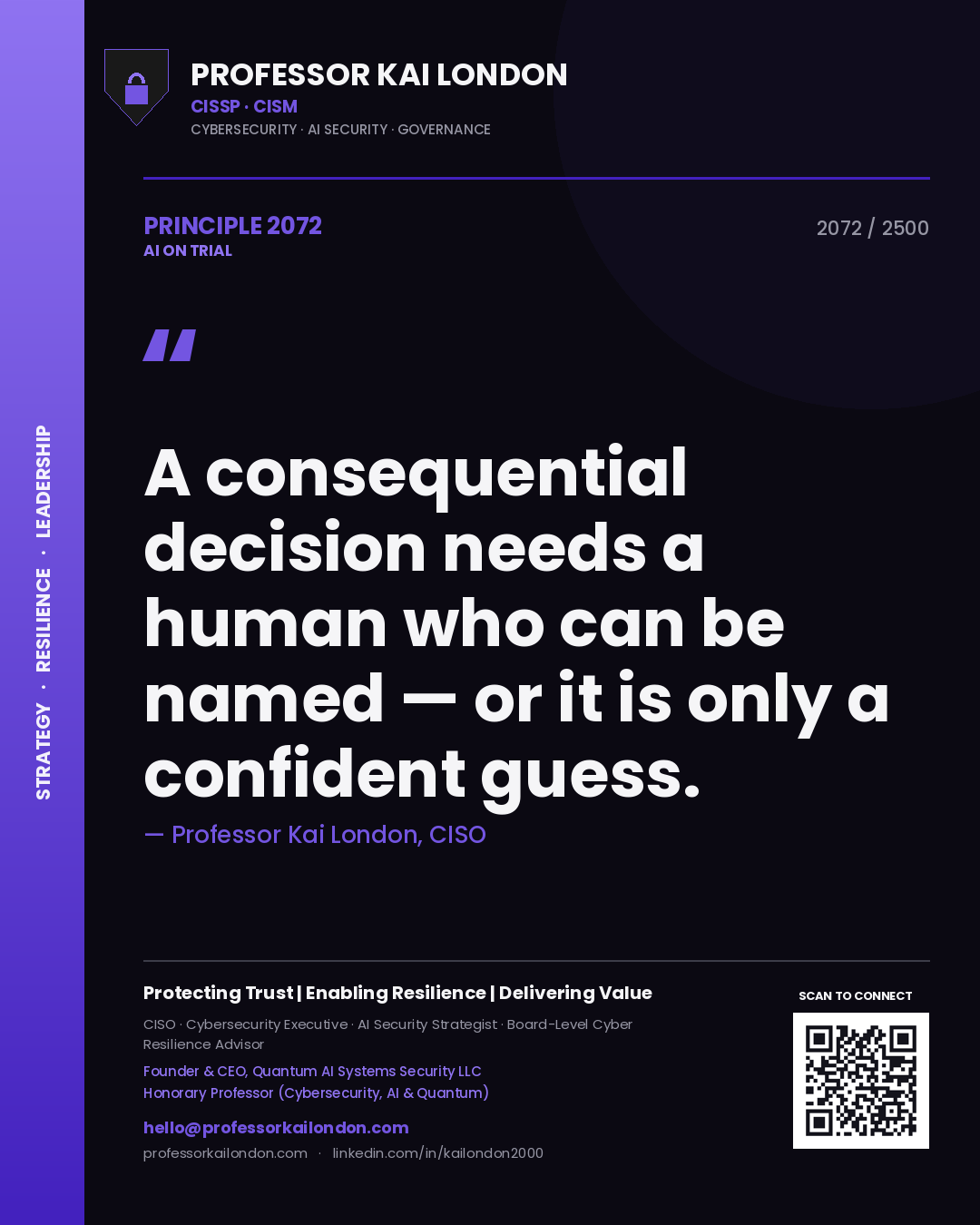Professor Kai London principle 2072: A consequential decision needs a human who can be named — or it is only a confident guess.