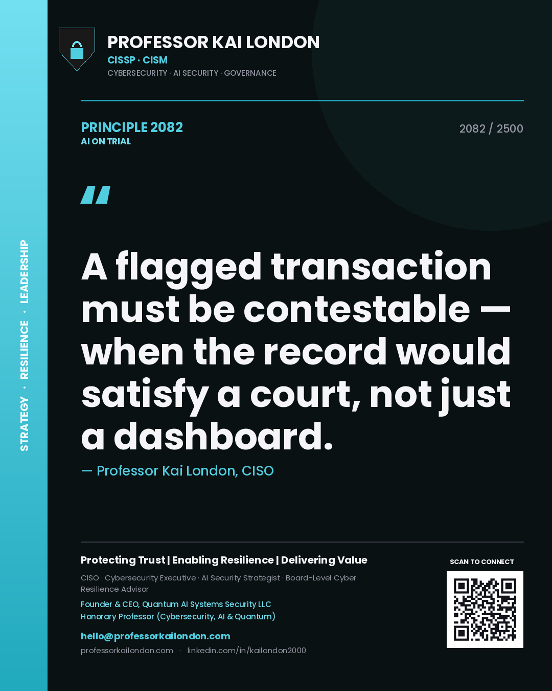 Professor Kai London principle 2082: A flagged transaction must be contestable — when the record would satisfy a court, not just a dashboard.