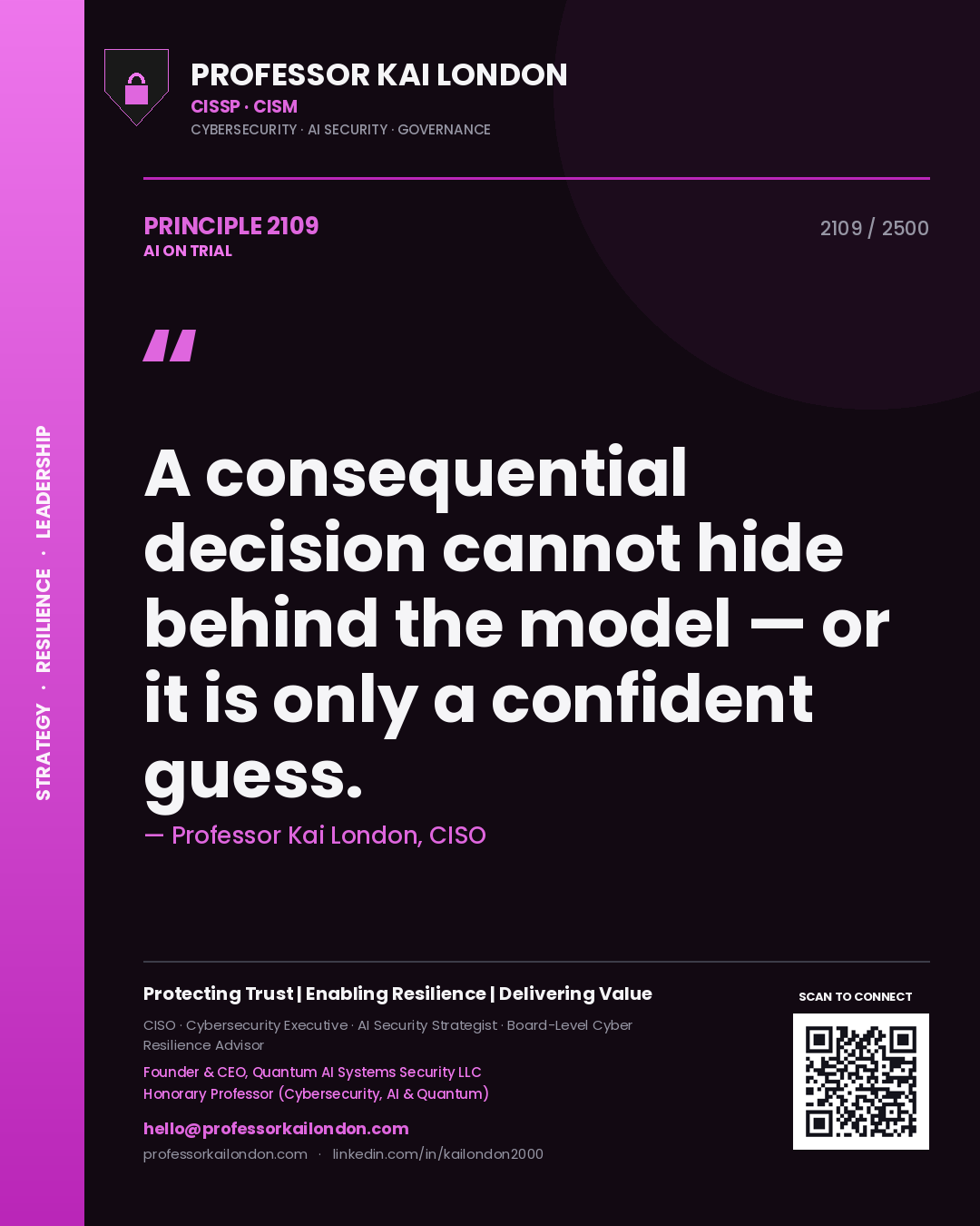 Professor Kai London principle 2109: A consequential decision cannot hide behind the model — or it is only a confident guess.