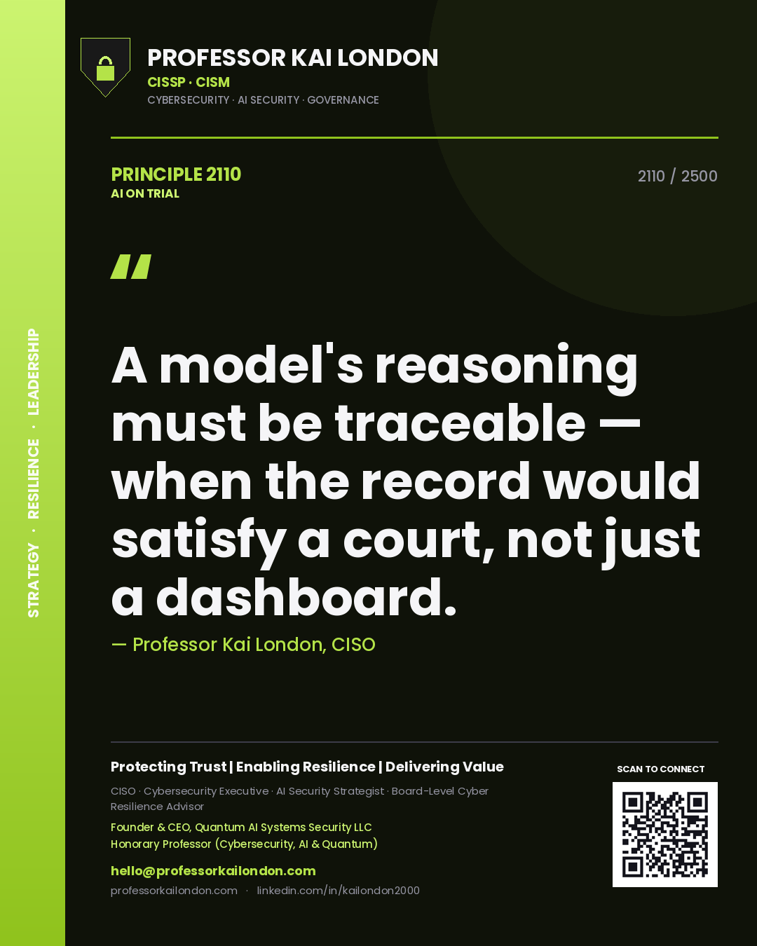 Professor Kai London principle 2110: A model's reasoning must be traceable — when the record would satisfy a court, not just a dashboard.