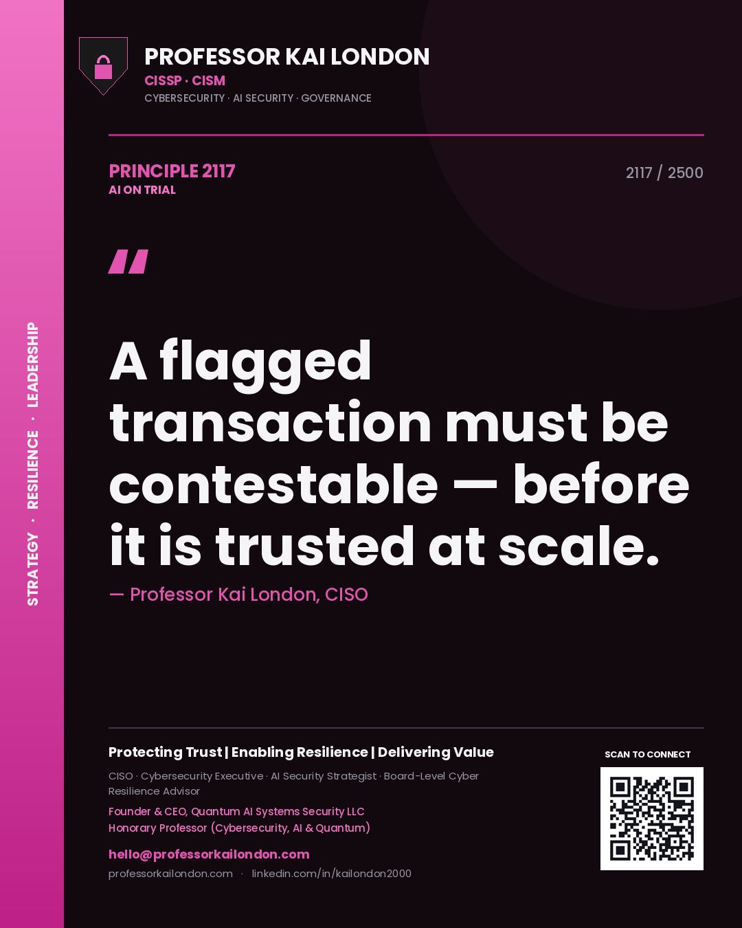 Quote card by Professor Kai London reading 'A flagged transaction must be contestable — before it is trusted at scale.'. From the book AI on Trial.