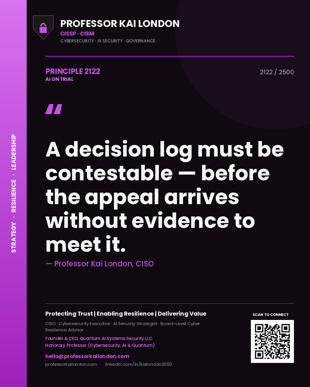 Professor Kai London principle 2122: A decision log must be contestable — before the appeal arrives without evidence to meet it.