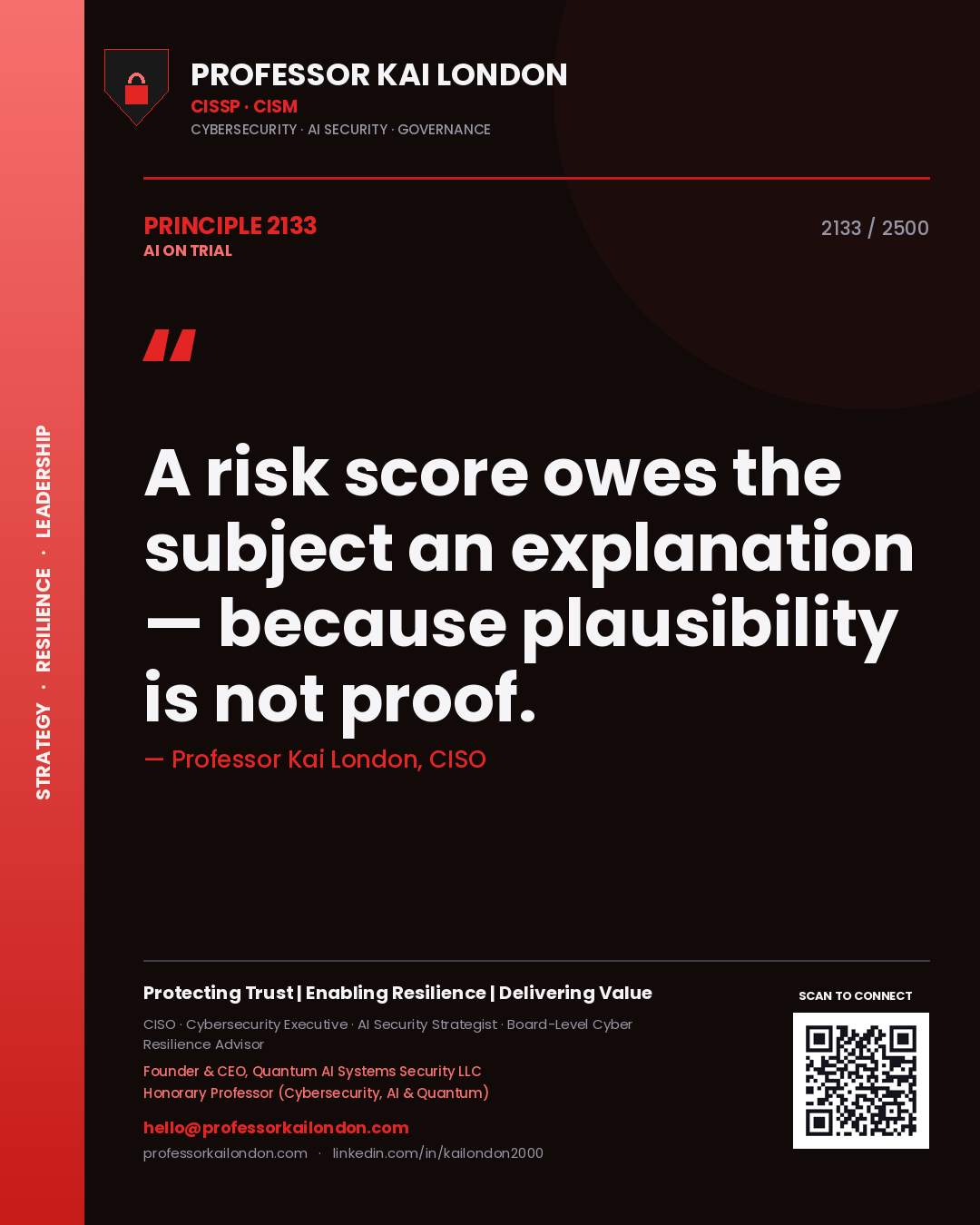 Professor Kai London principle 2133: A risk score owes the subject an explanation — because plausibility is not proof.