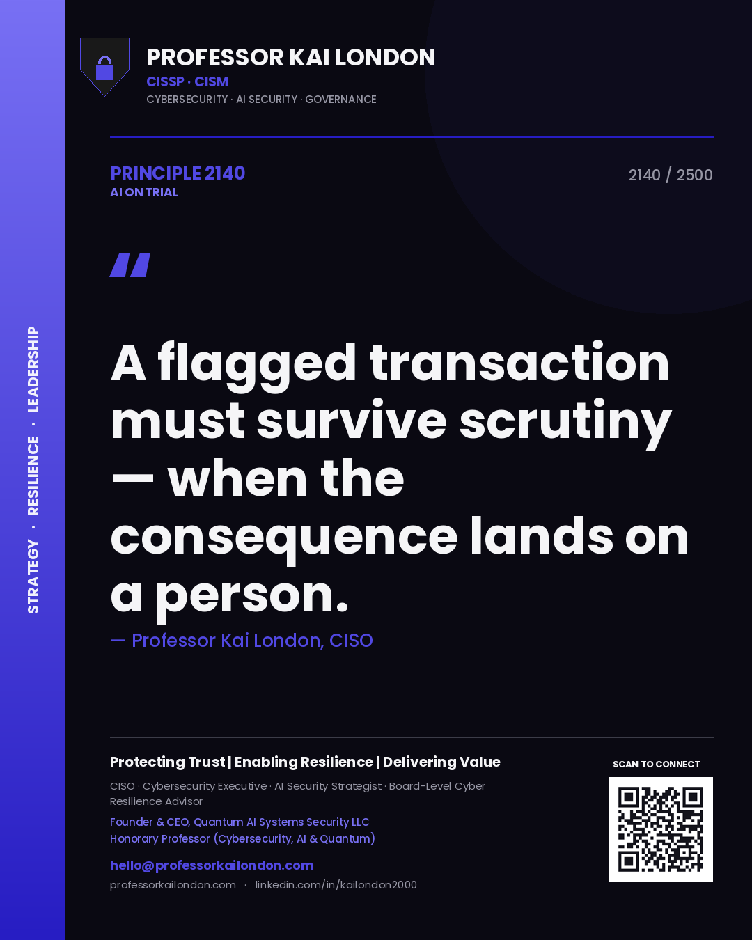 Professor Kai London principle 2140: A flagged transaction must survive scrutiny — when the consequence lands on a person.