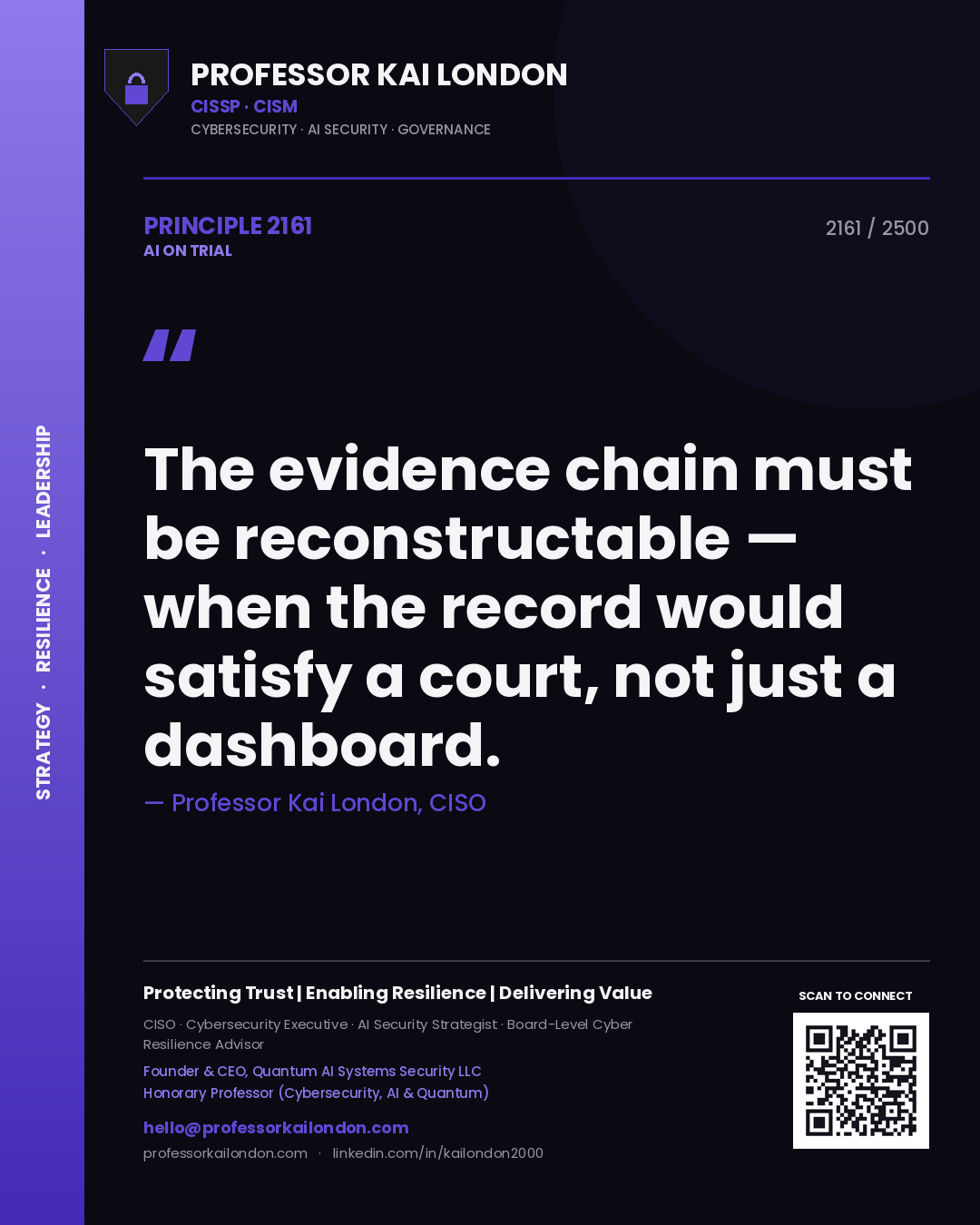 Professor Kai London principle 2161: The evidence chain must be reconstructable — when the record would satisfy a court, not just a dashboard.
