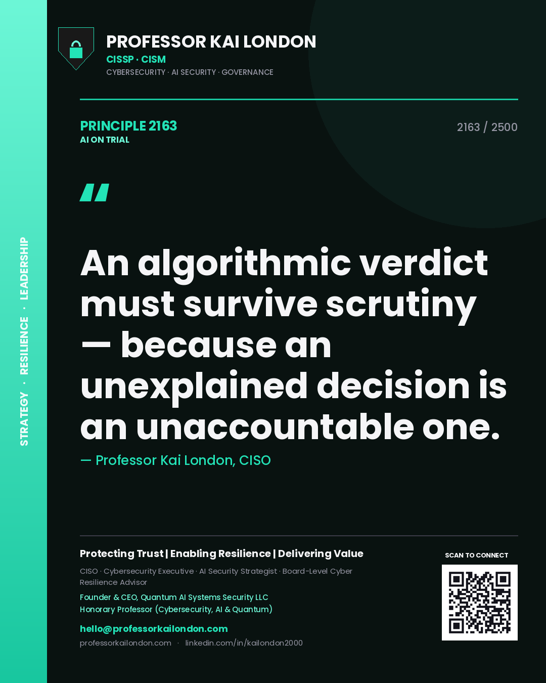 Professor Kai London principle 2163: An algorithmic verdict must survive scrutiny — because an unexplained decision is an unaccountable one.