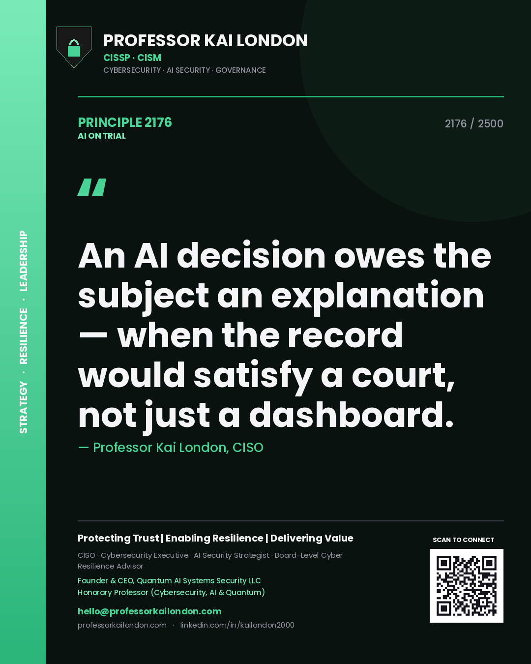 Professor Kai London principle 2176: An AI decision owes the subject an explanation — when the record would satisfy a court, not just a dashboard.