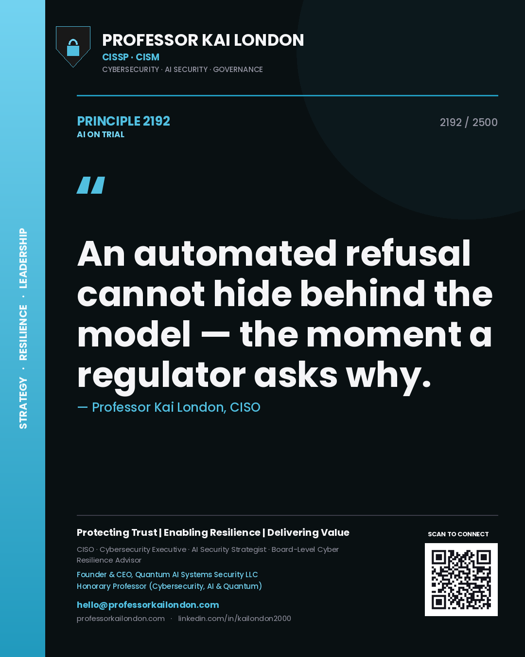 Professor Kai London principle 2192: An automated refusal cannot hide behind the model — the moment a regulator asks why.