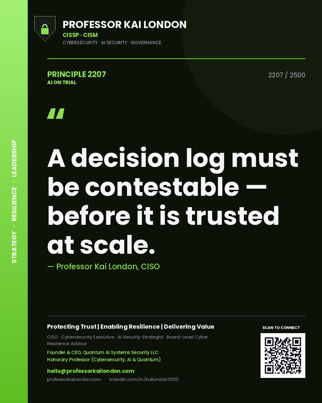 Quote card by Professor Kai London reading 'A decision log must be contestable — before it is trusted at scale.'. From the book AI on Trial.