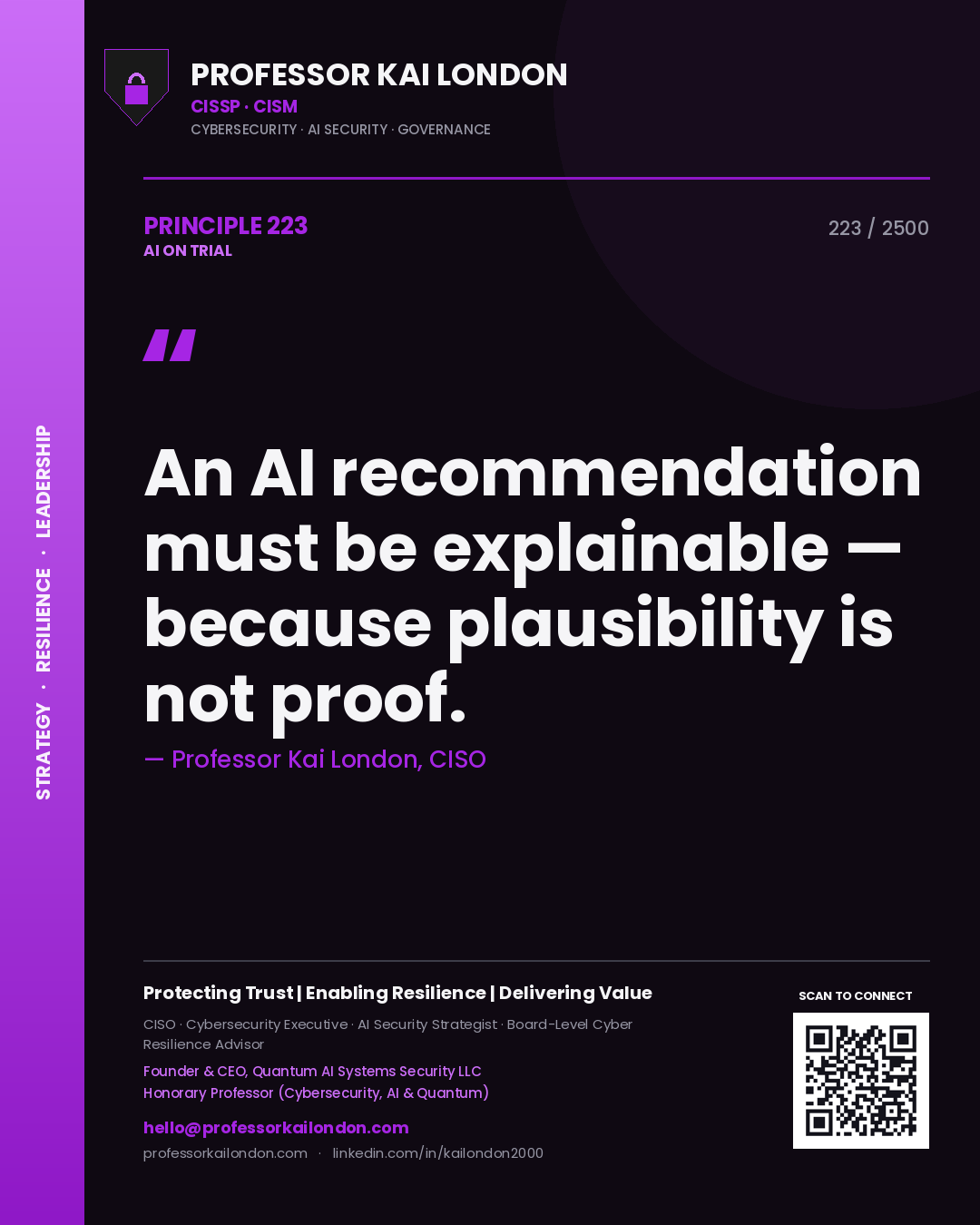 Professor Kai London principle 223: An AI recommendation must be explainable — because plausibility is not proof.