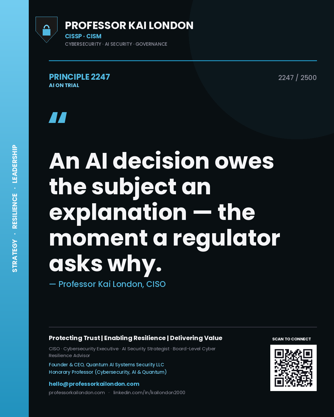 Professor Kai London principle 2247: An AI decision owes the subject an explanation — the moment a regulator asks why.