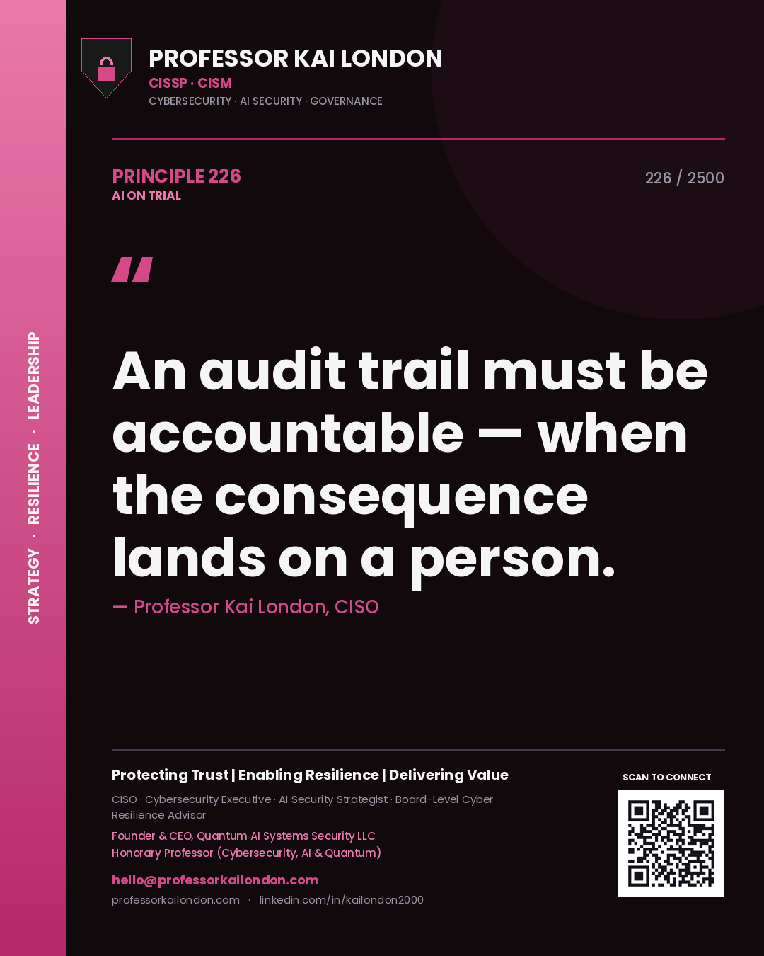 Professor Kai London principle 226: An audit trail must be accountable — when the consequence lands on a person.