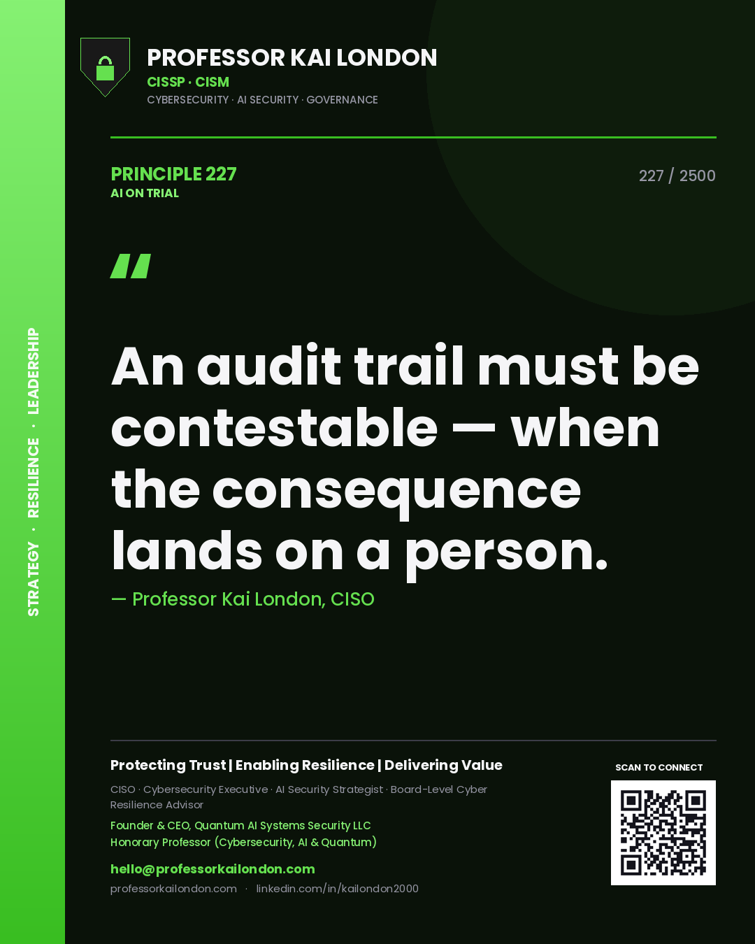 Professor Kai London principle 227: An audit trail must be contestable — when the consequence lands on a person.