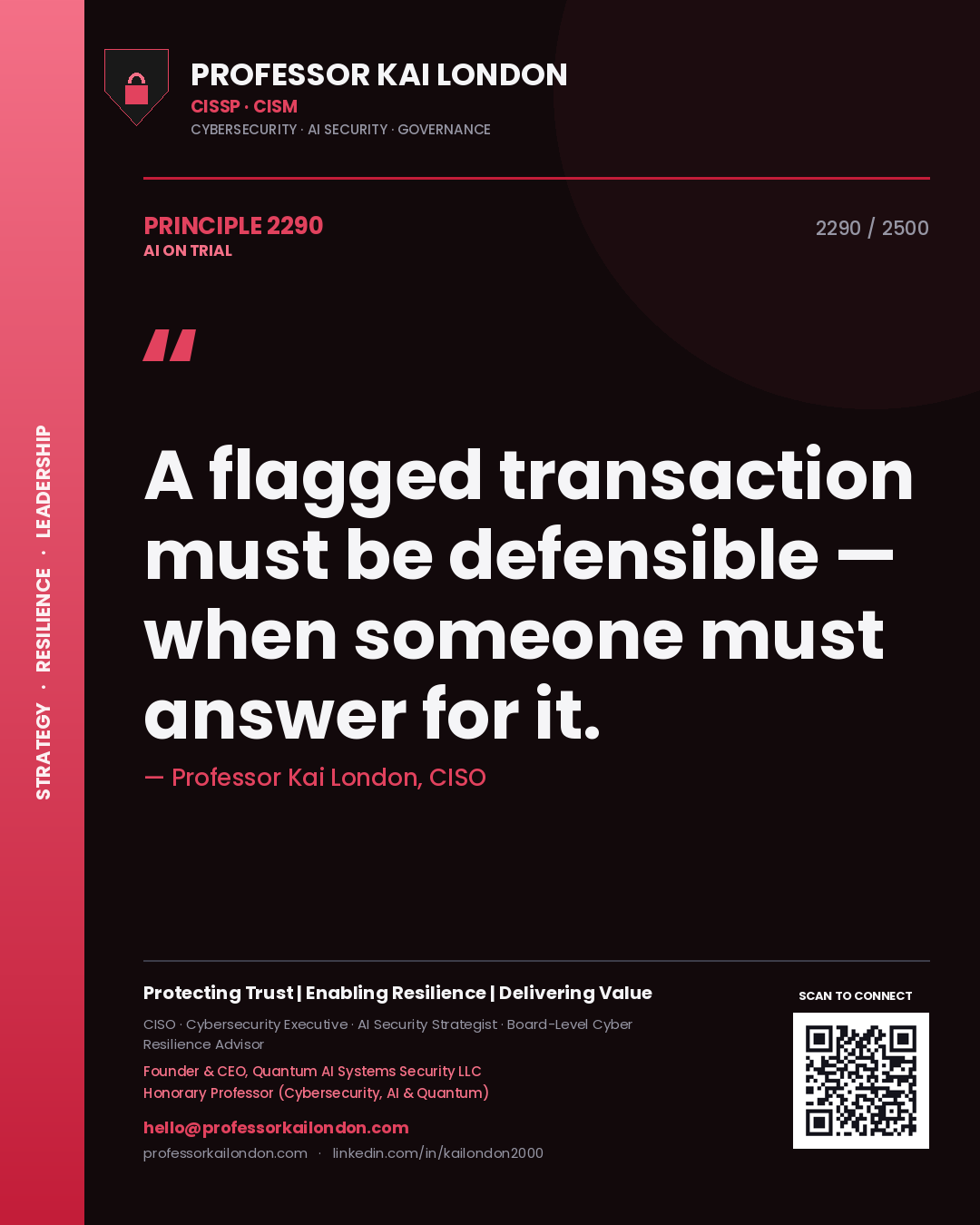 Professor Kai London principle 2290: A flagged transaction must be defensible — when someone must answer for it.