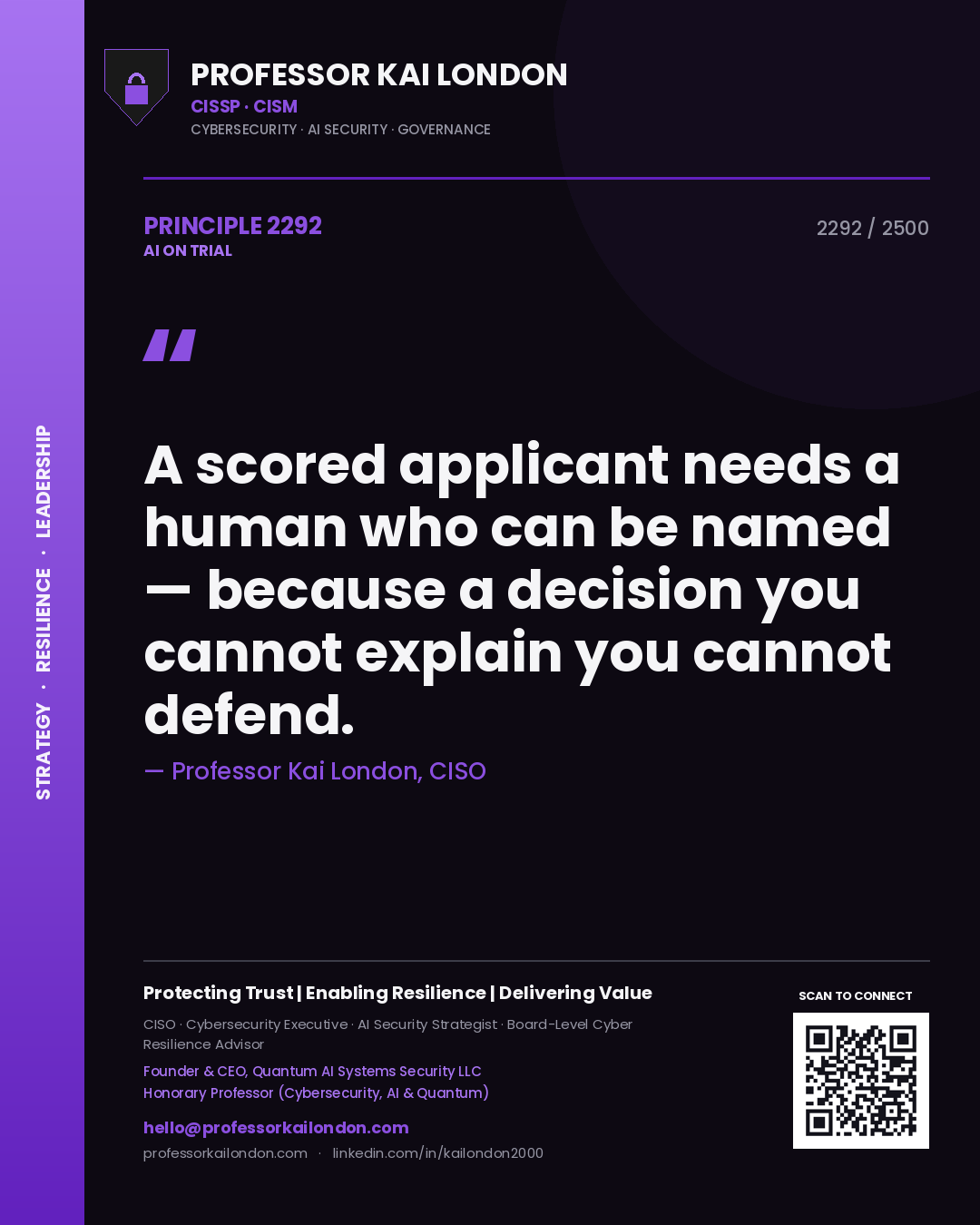 Professor Kai London principle 2292: A scored applicant needs a human who can be named — because a decision you cannot explain you cannot defend.