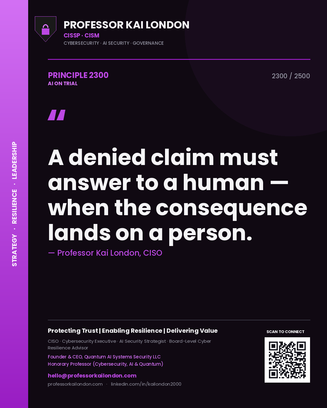 Professor Kai London principle 2300: A denied claim must answer to a human — when the consequence lands on a person.