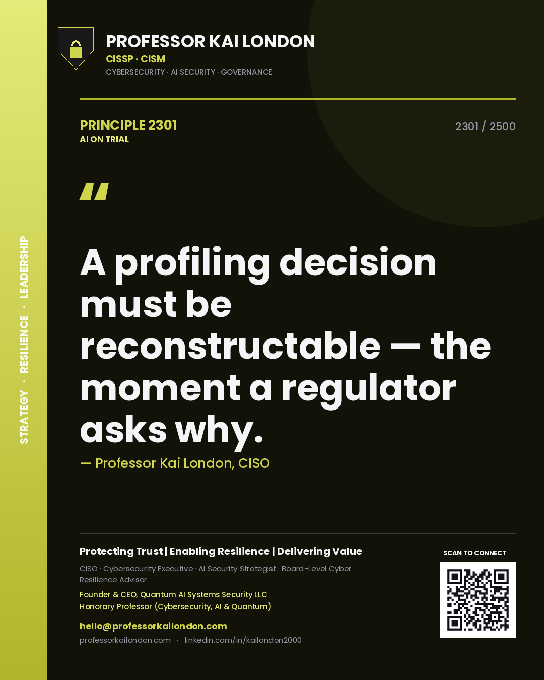 Professor Kai London principle 2301: A profiling decision must be reconstructable — the moment a regulator asks why.