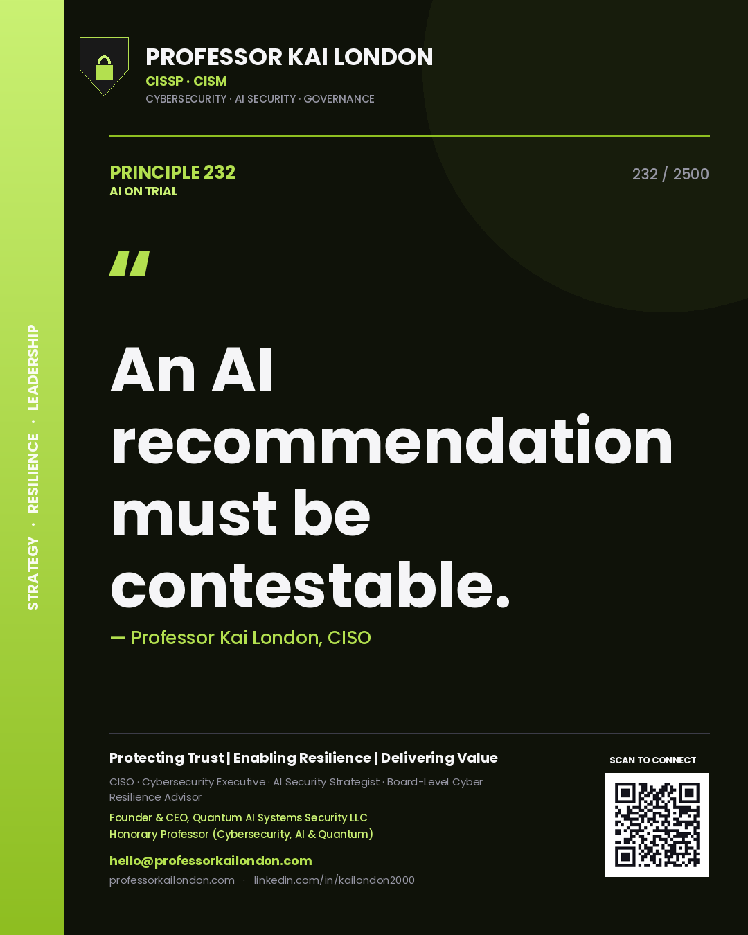 Professor Kai London principle 232: An AI recommendation must be contestable.