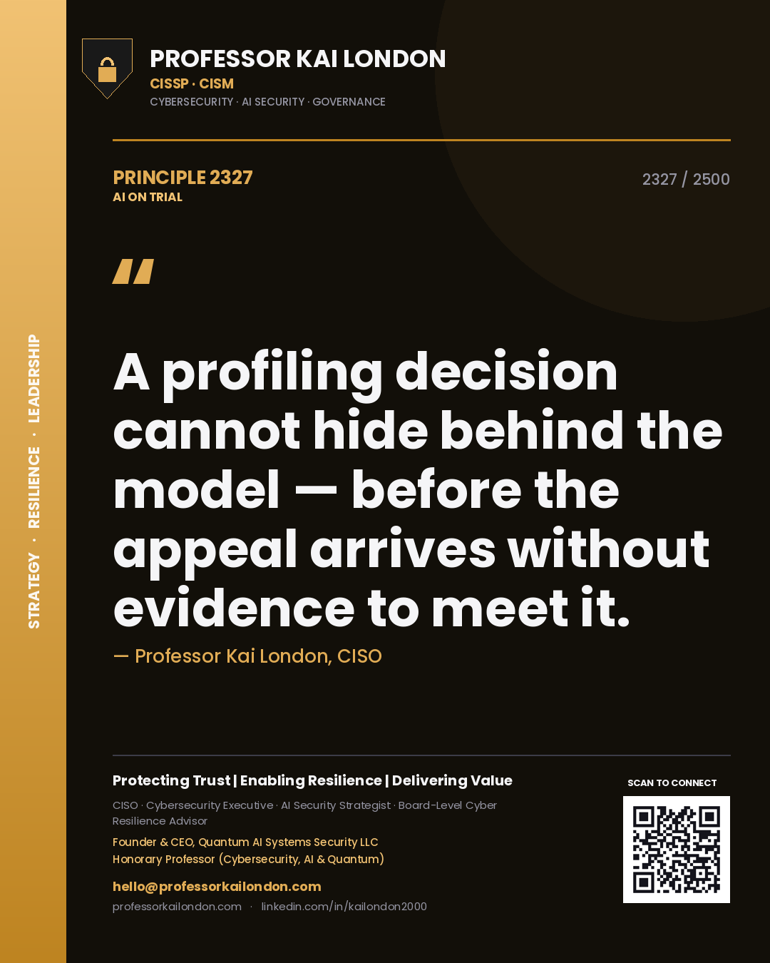 Professor Kai London principle 2327: A profiling decision cannot hide behind the model — before the appeal arrives without evidence to meet it.