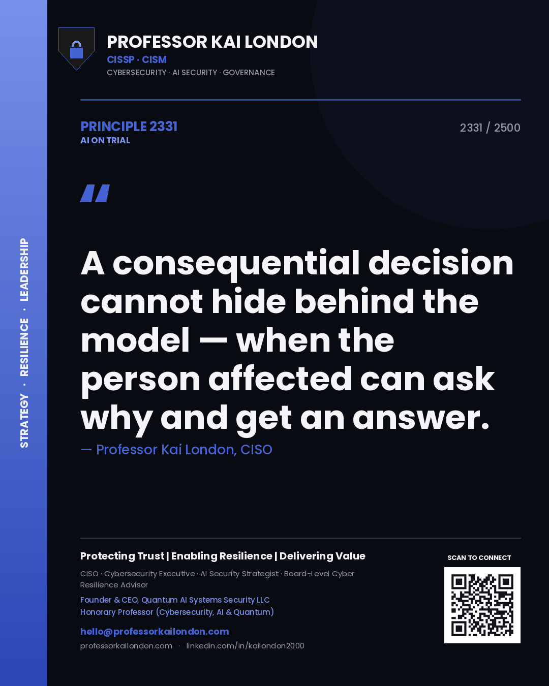 Professor Kai London principle 2331: A consequential decision cannot hide behind the model — when the person affected can ask why and get an answer.