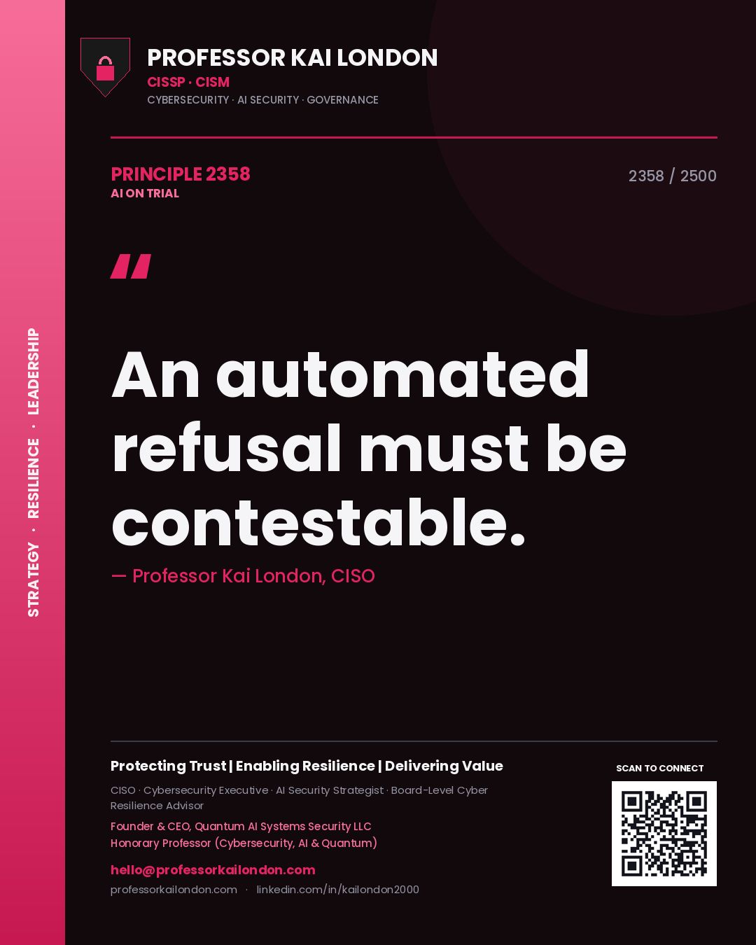 Quote card by Professor Kai London reading 'An automated refusal must be contestable.'. From the book AI on Trial.