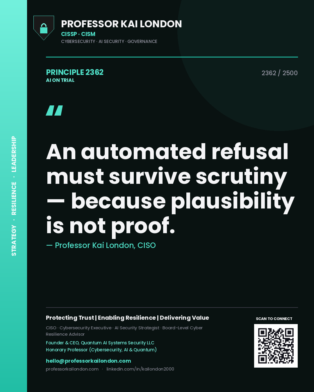 Professor Kai London principle 2362: An automated refusal must survive scrutiny — because plausibility is not proof.
