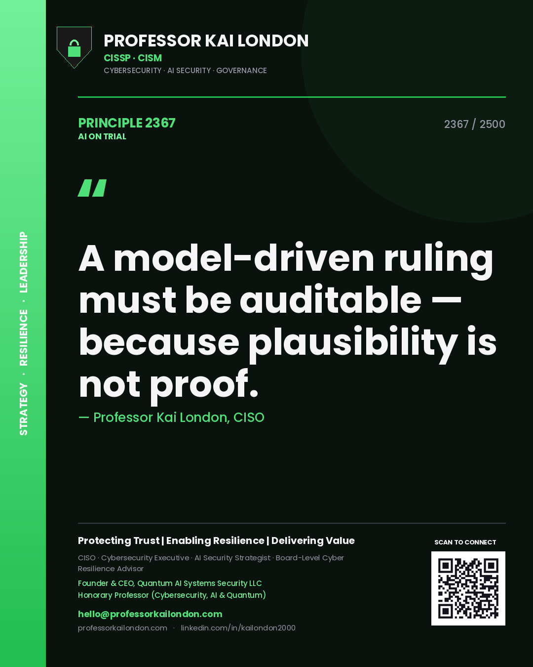 Professor Kai London principle 2367: A model-driven ruling must be auditable — because plausibility is not proof.