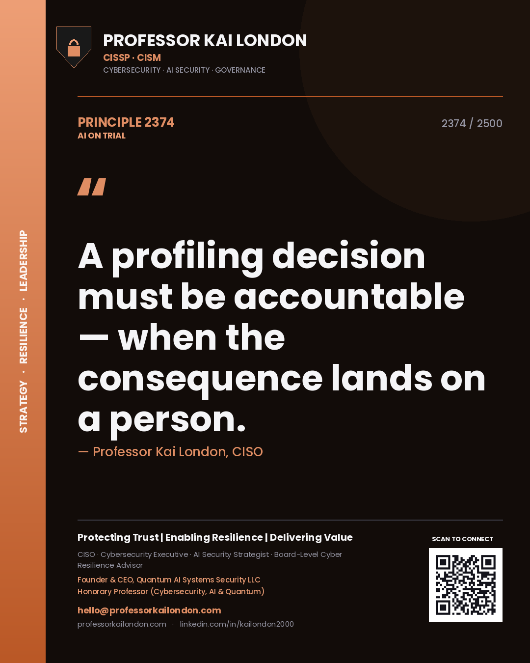 Professor Kai London principle 2374: A profiling decision must be accountable — when the consequence lands on a person.
