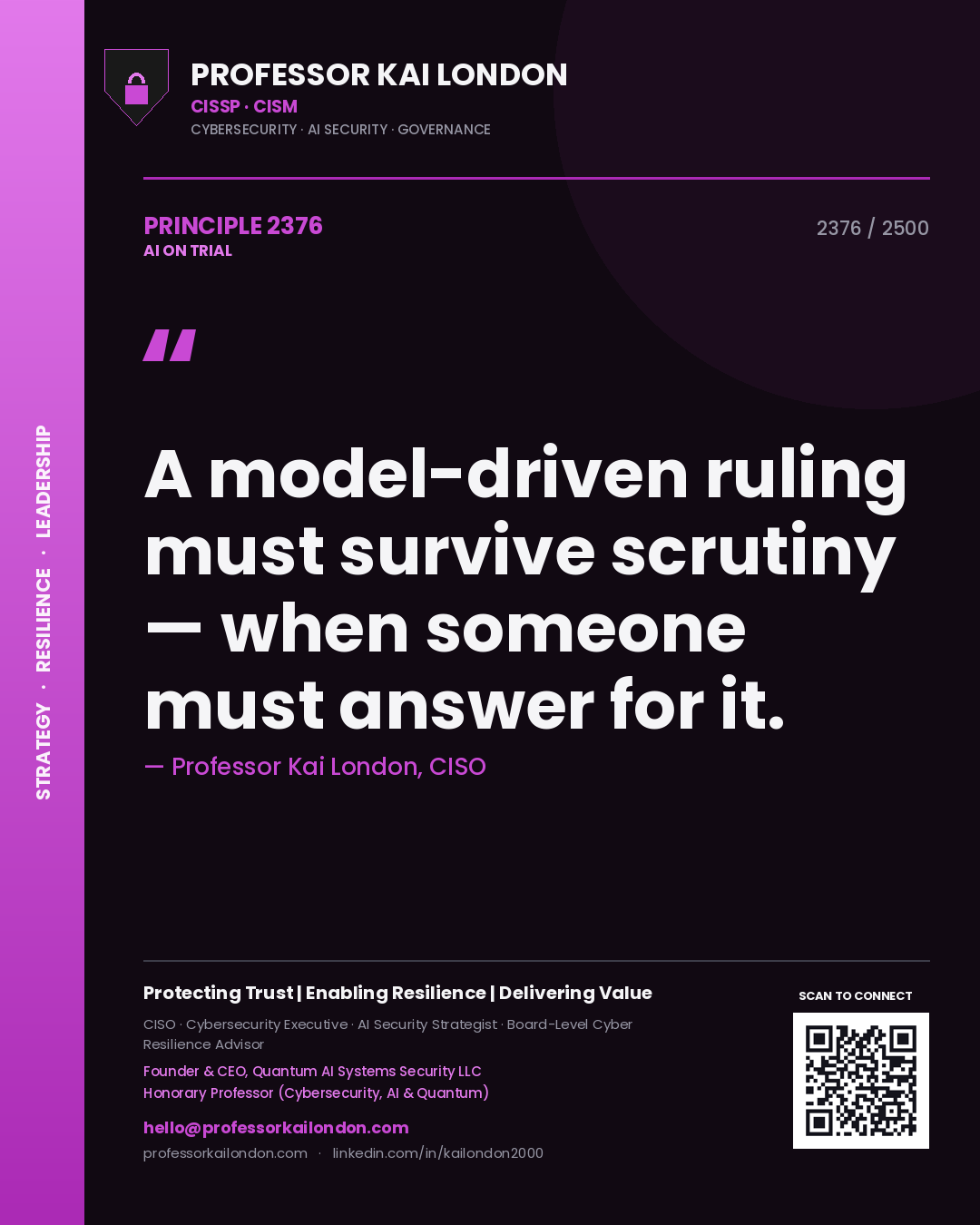 Quote card by Professor Kai London reading 'A model-driven ruling must survive scrutiny — when someone must answer for it.'. From the book AI on Trial.
