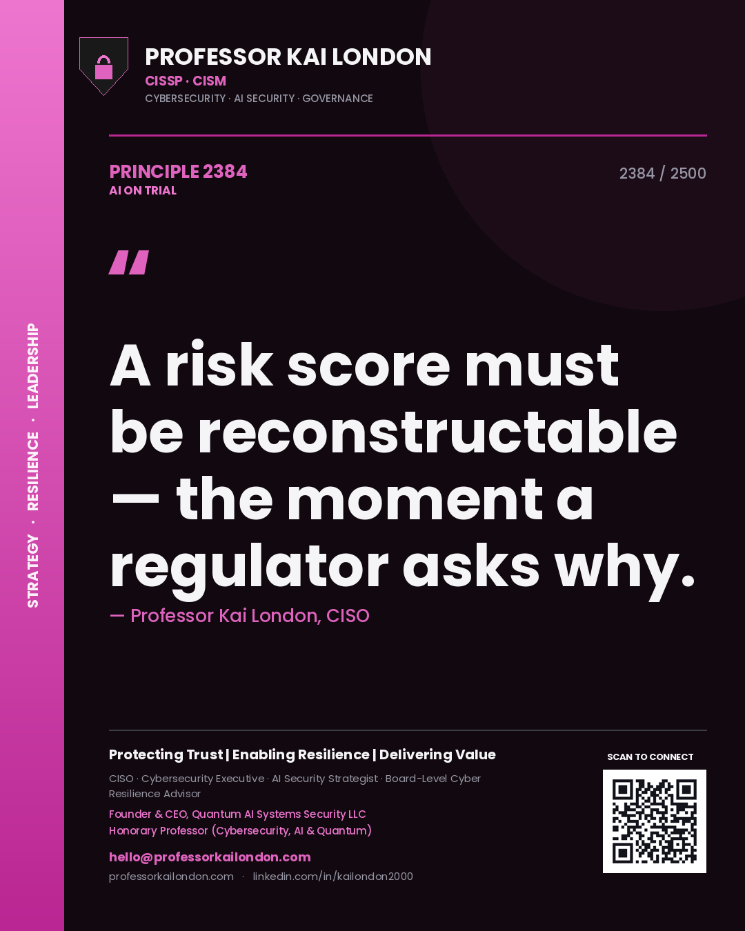 Professor Kai London principle 2384: A risk score must be reconstructable — the moment a regulator asks why.