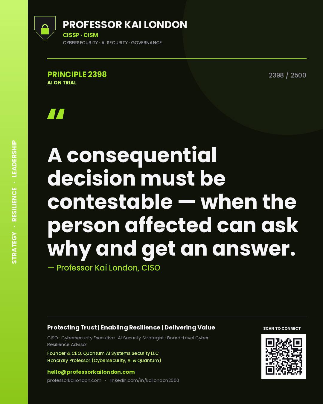 Professor Kai London principle 2398: A consequential decision must be contestable — when the person affected can ask why and get an answer.