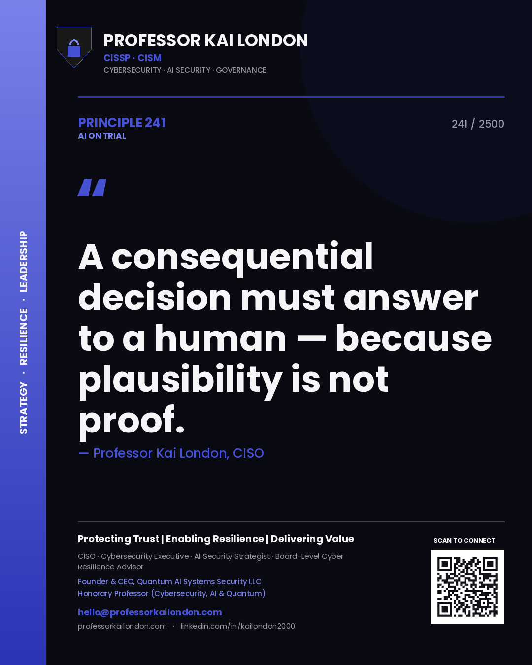 Professor Kai London principle 241: A consequential decision must answer to a human — because plausibility is not proof.