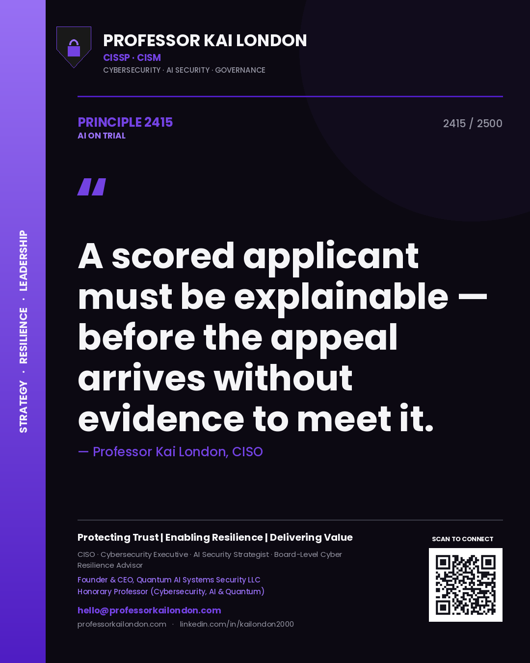 Professor Kai London principle 2415: A scored applicant must be explainable — before the appeal arrives without evidence to meet it.