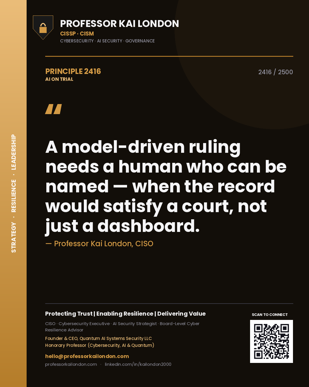 Professor Kai London principle 2416: A model-driven ruling needs a human who can be named — when the record would satisfy a court, not just a dashboard.